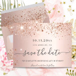 Birthday party rose gold glitter save the date announcement postcard<br><div class="desc">A girly and trendy Save the Date card for a 40th (or any age) birthday party. A feminine pink, rose gold faux metallic looking background decorated with faux rose gold glitter dust. Personalise and add a date and name/age 40. Dark rose gold coloured letters. The text: Save the Date is...</div>