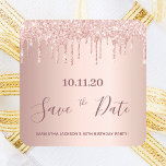 Birthday Party rose gold glitter save the date Square Sticker<br><div class="desc">A girly and trendy Save the Date sticker for a 50th (or any age) birthday party. A feminine pink, rose gold faux metallic looking background decorated with faux rose gold glitter drips. Templates for a date and name/age 50. Dark rose gold coloured letters. The text: Save the Date is written...</div>