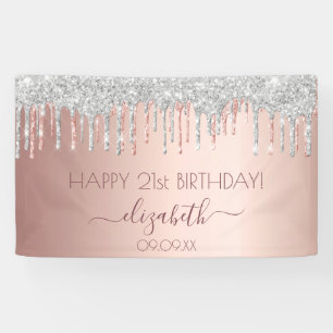Birthday party rose gold glitter silver sparkle banner
