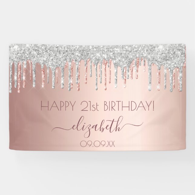 Birthday party rose gold glitter silver sparkle banner (Horizontal)