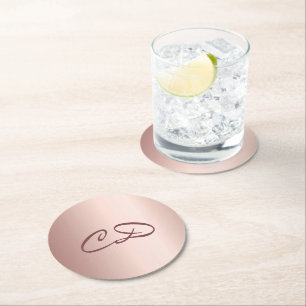 Birthday party rose gold monogram initials round paper coaster
