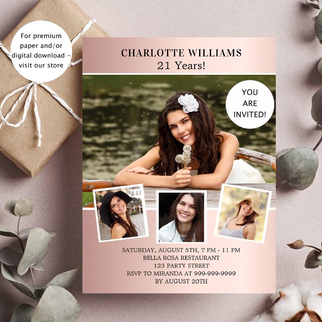 Birthday party rose gold photo budget invitation flyer (Creator Uploaded)