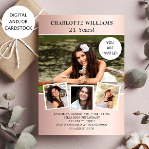 Birthday party rose gold photo collage invitation