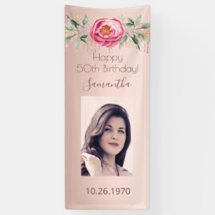 Birthday party rose gold photo glitter floral banner