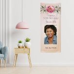 Birthday party rose gold photo glitter floral banner<br><div class="desc">A vertical banner for a girly and glamourous 50th (or any age) birthday party. Rose gold, blush pink gradient backgroun. A large pink watercolored rose, green leaves, foliage with small golden flowers. A rose gold faux glitter drip ribbon behind the flowers. Personalise and add a photo of the birthday girl....</div>