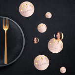 Birthday party rose gold photo golden stars pink confetti<br><div class="desc">Girly and feminine confetti for your 21st (or any age) birthday party table setting. A rose gold faux metallic, foil looking background decorated with faux gold stars dripping. Personalise and add a date and name/age 21. Dark rose gold coloured letters. Some confetti chips with name and date, others with the...</div>