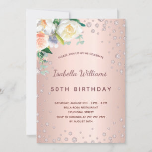 Birthday party rose gold pink diamonds florals invitation