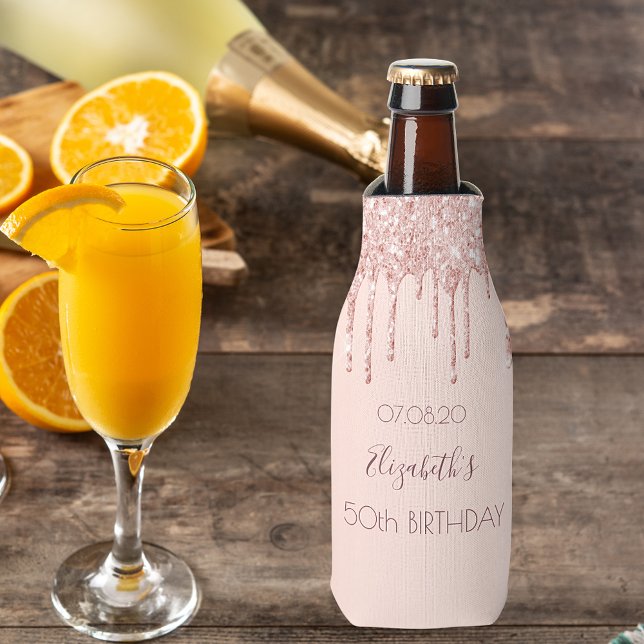 Birthday party rose gold pink drips bottle cooler (Creator Uploaded)