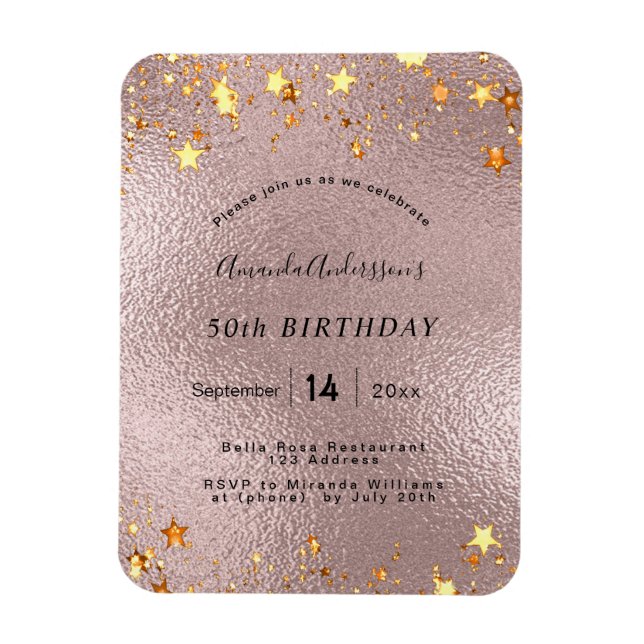 Birthday party rose gold pink foil stars modern magnet (Vertical)