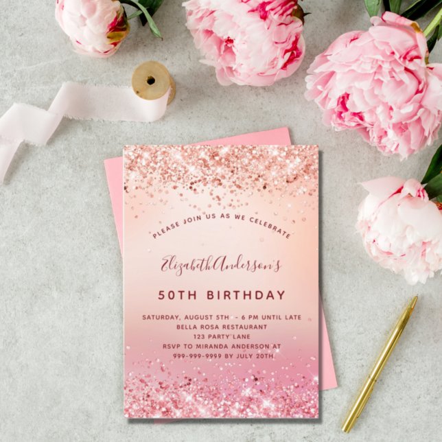 Birthday party rose gold pink glitter sparkle invitation (Creator Uploaded)