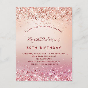 Birthday party rose gold pink glitter sparkle invitation postcard