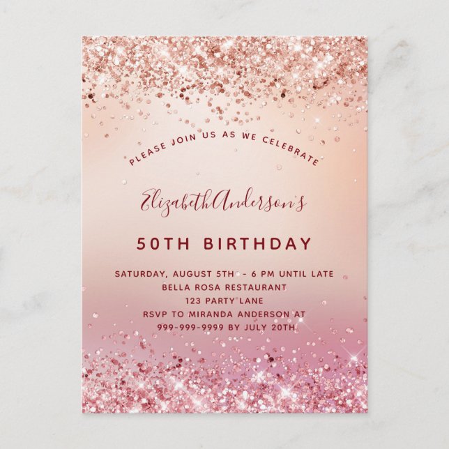 Birthday party rose gold pink glitter sparkle invitation postcard (Front)