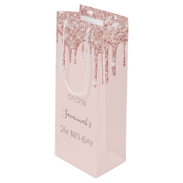 Birthday party rose gold pink glitter sparkle wine gift bag (Front Angled)