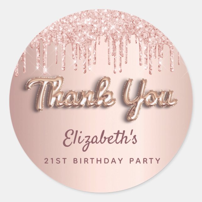 Birthday Party rose gold pink glitter Thank You Cl Classic Round Sticker (Front)