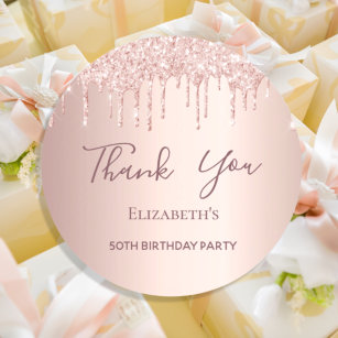 Birthday Party rose gold pink glitter Thank You Classic Round Sticker
