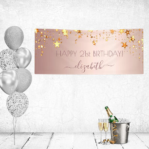 Birthday party rose gold pink golden stars name banner
