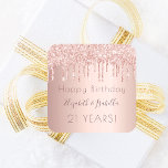 Birthday party rose gold pink two 2 persons square sticker<br><div class="desc">For a girly and glamourous 21st (or any age) birthday party for 2 two persons. A rose gold, pink gradient background with rose gold drips, paint dripping look. The text: Happy Birthday. Personalise and add two names and age 21. The names are written in dark rose gold with a large...</div>