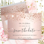 Birthday party rose gold save the date announcement postcard<br><div class="desc">A girly and trendy Save the Date card for a 40th (or any age) birthday party. A feminine pink, rose gold background decorated with faux rose gold sparkles. Personalize and add a date and name/age 40. Dark rose gold colored letters. The text: Save the Date is written with a large...</div>