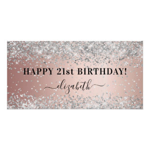 Birthday party rose gold silver confetti poster