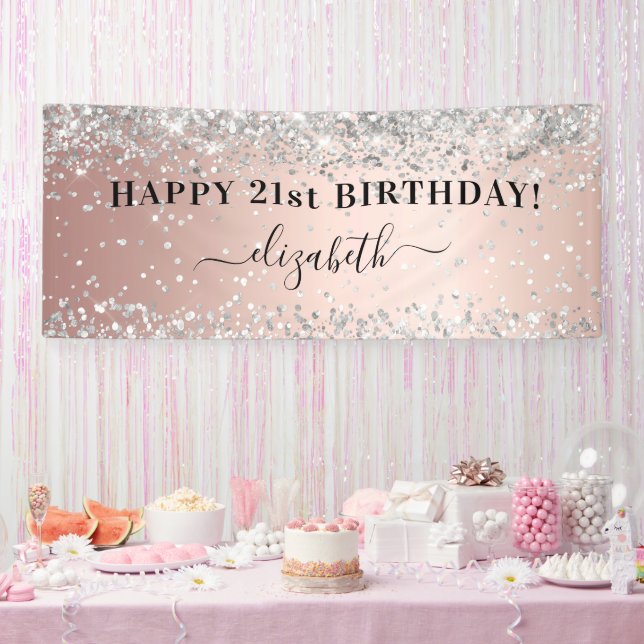 Birthday party rose gold silver glitter sparkle banner (Party)