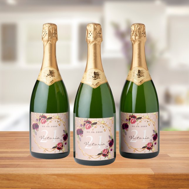 Birthday party rose gold stars burgundy florals sparkling wine label (Creator Uploaded)