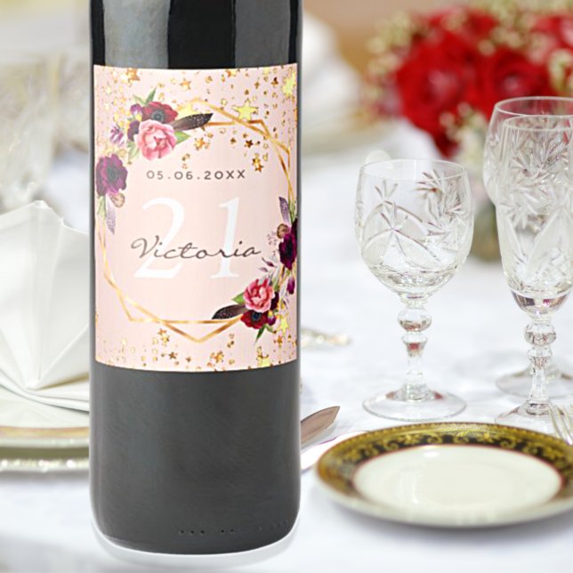 Birthday party rose gold stars burgundy florals wine label (Creator Uploaded)