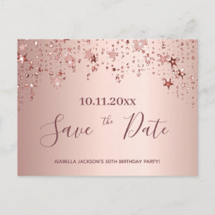 Birthday party rose gold stars save the date postcard