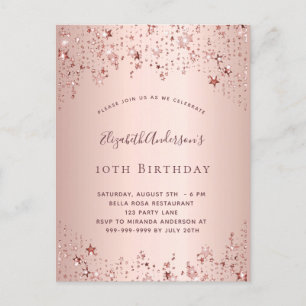 Birthday party rose gold stars sprinkle girly  invitation postcard