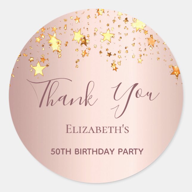 Birthday Party rose gold stars Thank You Classic Round Sticker (Front)