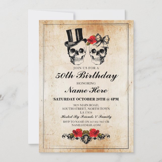 Birthday Party Rose Skulls Invite Halloween (Front)