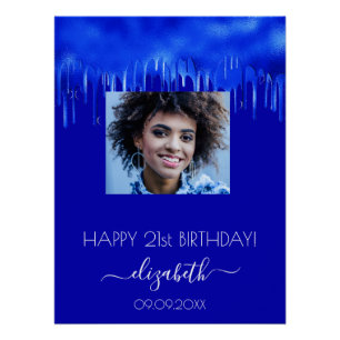 Birthday party royal blue drips photo name poster