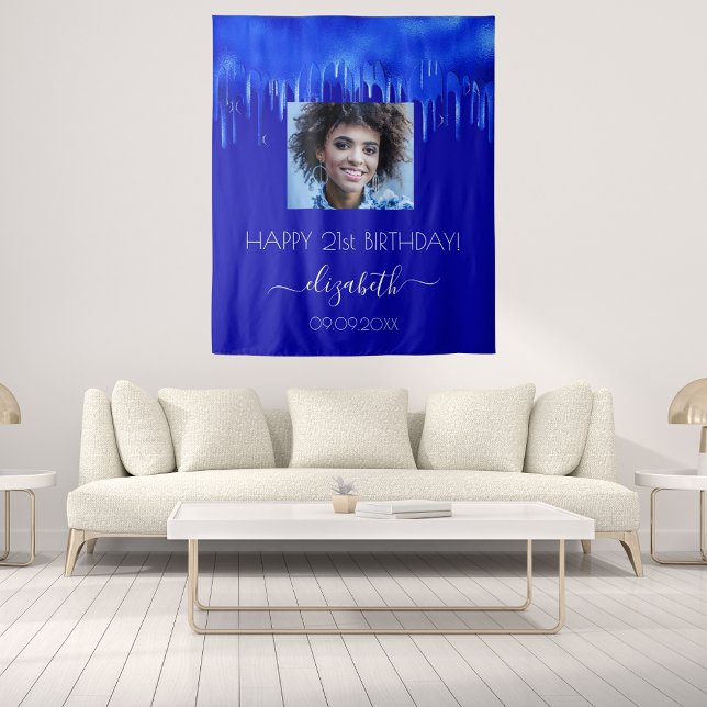 Birthday party royal blue drips photo name tapestry (Creator Uploaded)