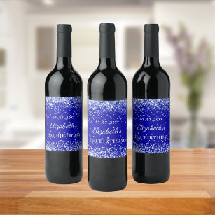 Birthday party royal blue glitter dust name wine label