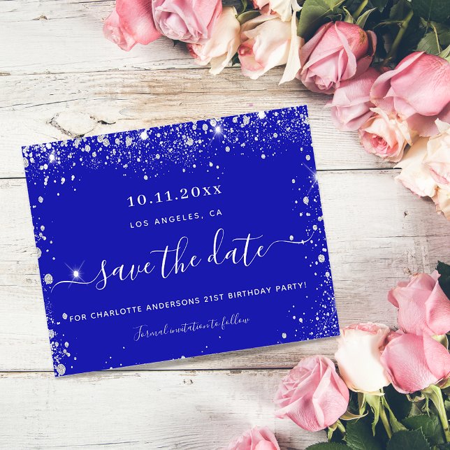 Birthday party royal blue silver budget save date flyer (Creator Uploaded)