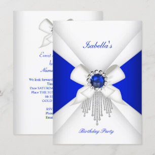 Birthday Party Royal Blue White Diamond Pearl Invitation