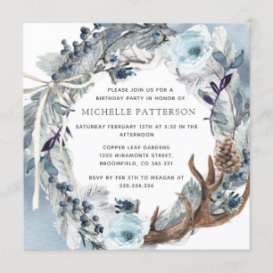 Birthday Party, Rustic Blue Floral Watercolor Invitation