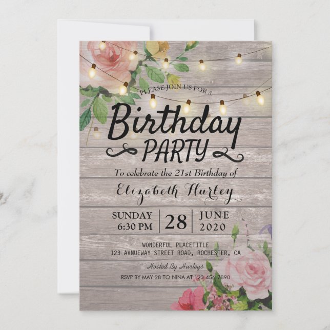Birthday Party Rustic Wood Flowers & String Lights Invitation (Front)