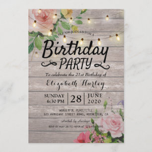 Birthday Party Rustic Wood Flowers & String Lights Invitation