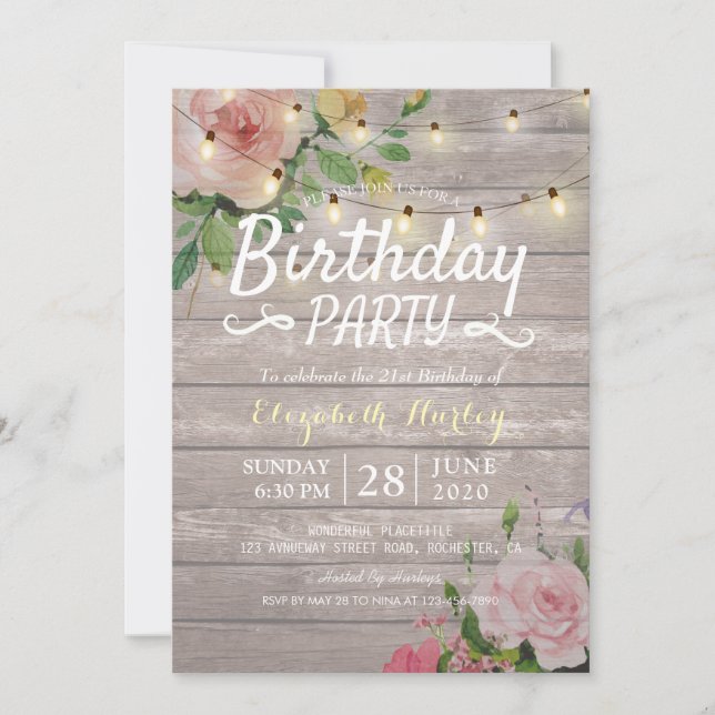 Birthday Party Rustic Wood Flowers & String Lights Invitation (Front)