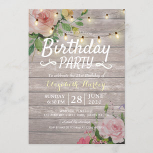 Birthday Party Rustic Wood Flowers & String Lights Invitation