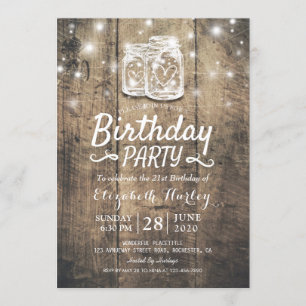 Birthday Party Rustic Wood Mason Jar String Lights Invitation