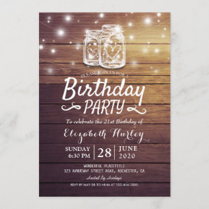 Birthday Party Rustic Wood Mason Jar String Lights Invitation