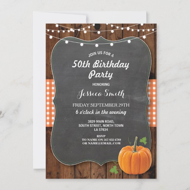 Birthday Party Rustic Wood Pumpkin Chalk Fall Invitation (Front)