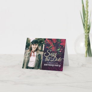 Birthday Party Save The Date Burgundy Floral Photo Invitation