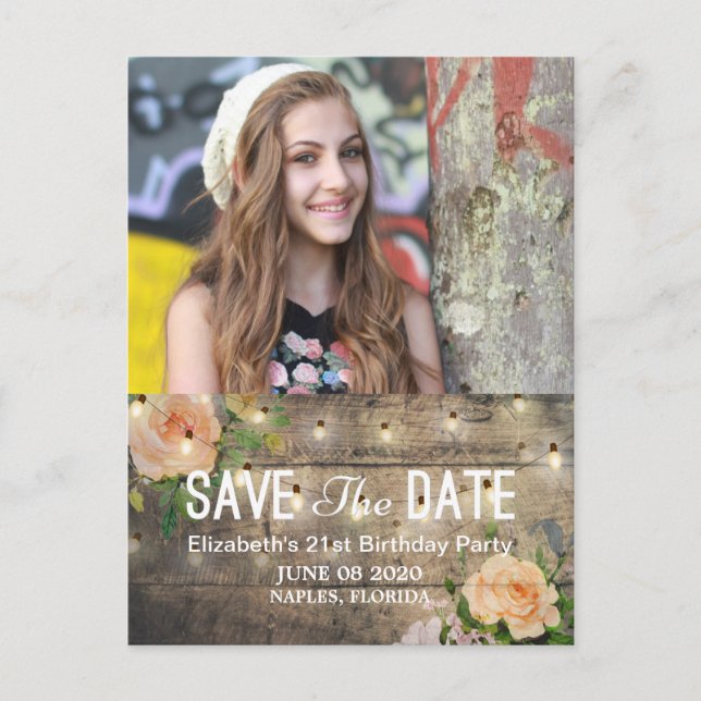 Birthday Party Save The Date Flowers Wood Lights Invitation Postcard (Front)