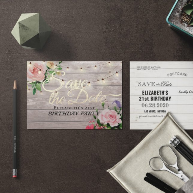 Birthday Party Save The Date Flowers Wood Lights Invitation Postcard (Creator Uploaded)