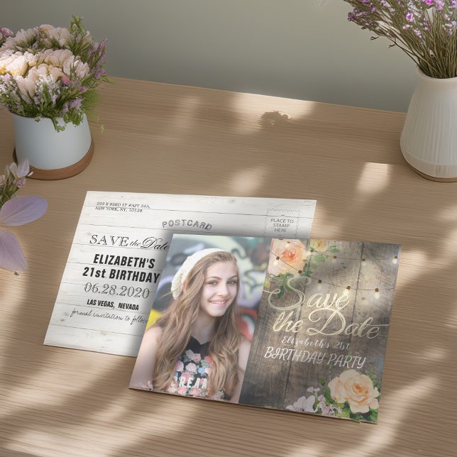 Birthday Party Save The Date Flowers Wood Lights Invitation Postcard (Creator Uploaded)