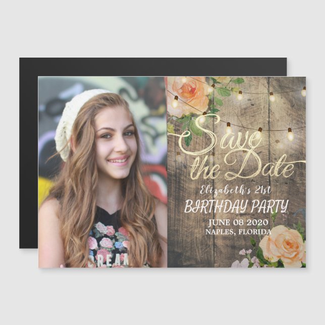 Birthday Party Save The Date Flowers Wood Lights Magnetic Invitation (Front/Back)