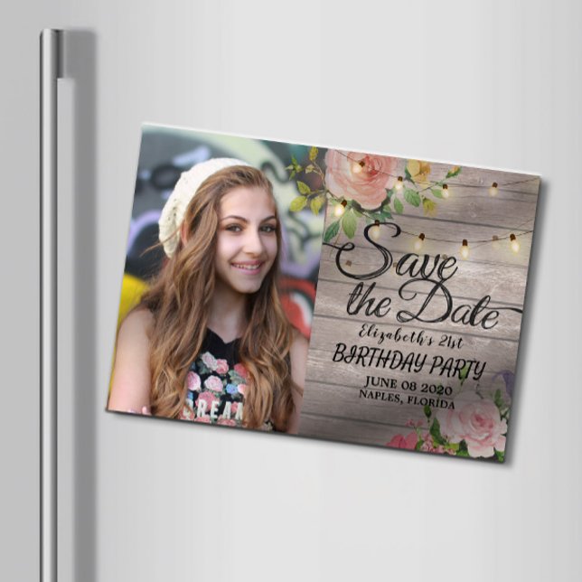 Birthday Party Save The Date Flowers Wood Lights Magnetic Invitation (Creator Uploaded)