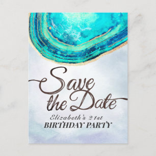 Birthday Party Save The Date Teal Gold Agate Geode Invitation Postcard